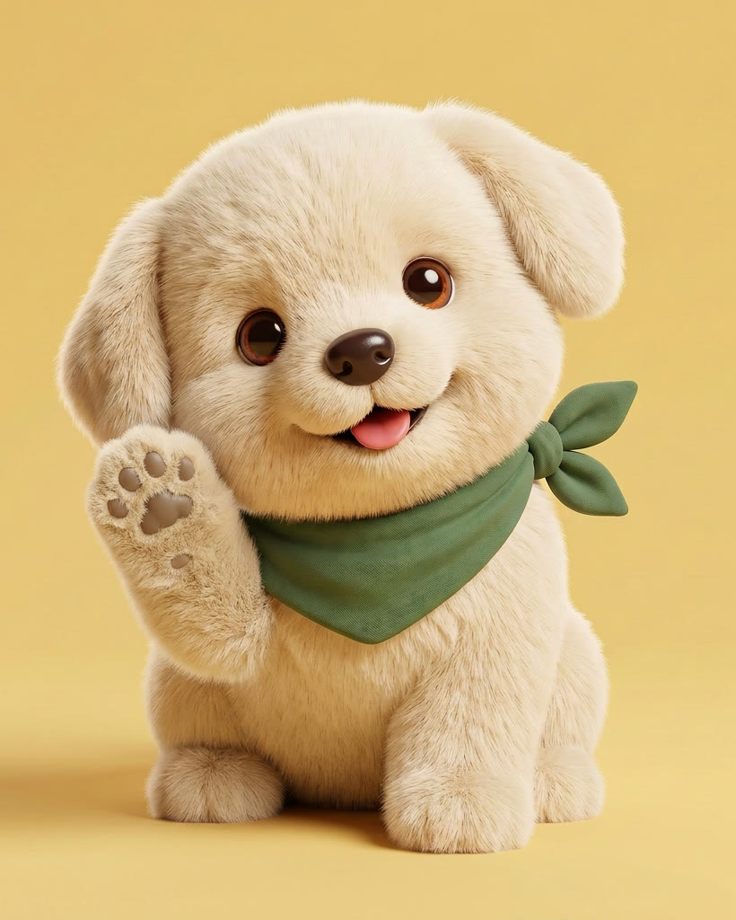 Pugo, the Lets Chale mascot, in a green bandana, waving hello